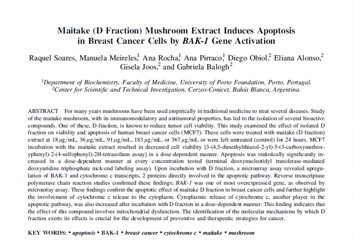 Maitake (D fraction) mushroom extract induces apoptosis in breast cancer cells by BAK-1 gene activation.