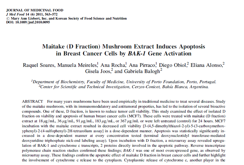 Maitake (D fraction) mushroom extract induces apoptosis in breast cancer cells by BAK-1 gene activat