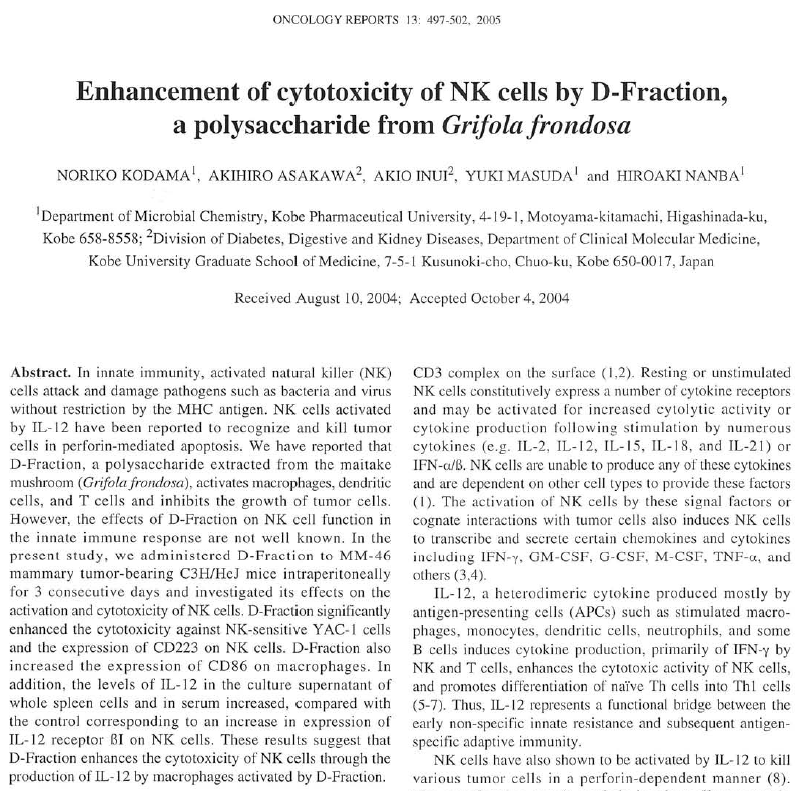 Enhancement of cytotoxicity of NK cells by D-Fraction, a polysaccharide from Grifola frondosa