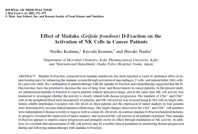 Effect of Maitake (Grifola frondosa) D-Fraction on the activation of NK cells in cancer patients