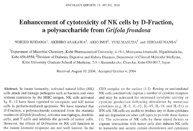 Enhancement of cytotoxicity of NK cells by D-Fraction, a polysaccharide from Grifola frondosa