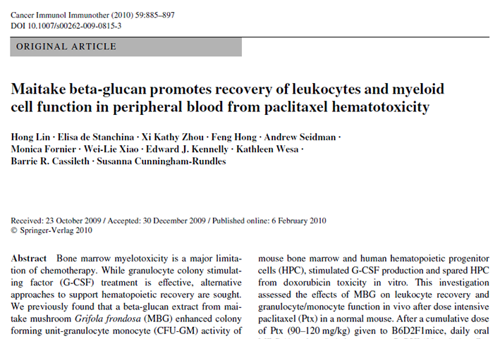 Maitake beta-glucan promotes recovery of leukocytes and myeloid cell function in peripheral blood from paclitaxel hematotoxicity