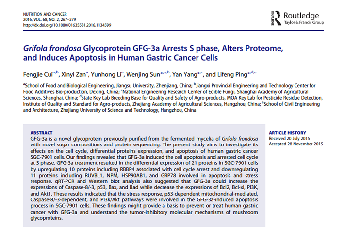 Grifola frondosa Glycoprotein GFG-3a Arrests S phase, Alters Proteome, and Induces Apoptosis in Human Gastric Cancer Cells