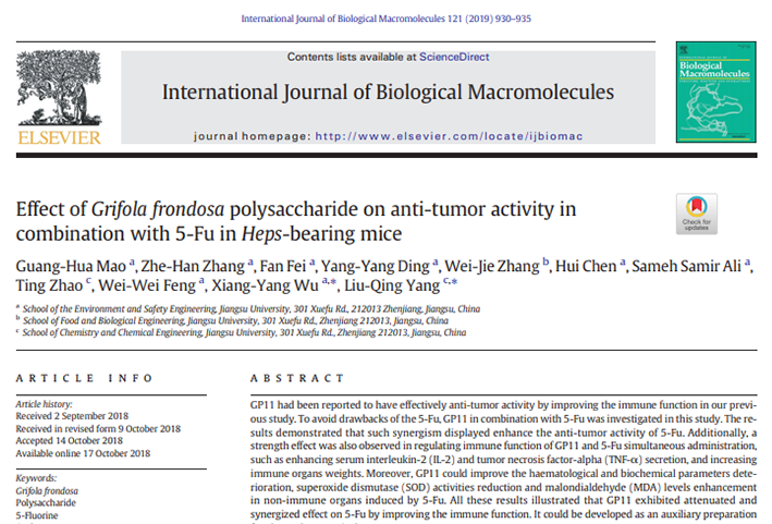 Effect of Grifola frondosa polysaccharide on anti-tumor activity in combination with 5-Fu in Heps-bearing mice