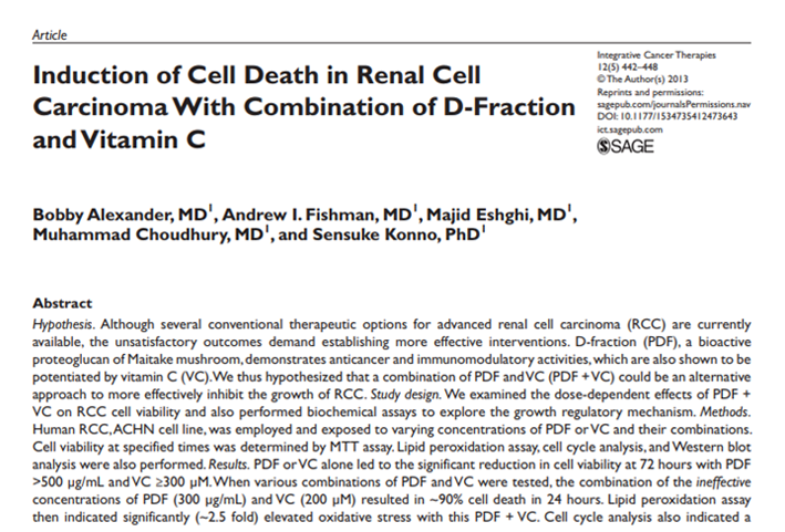 Induction of cell death in renal cell carcinoma with combination of D-fraction and vitamin C