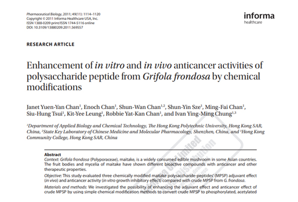 Enhancement of in vitro and in vivo anticancer activities of polysaccharide peptide from Grifola frondosa by chemical modifications
