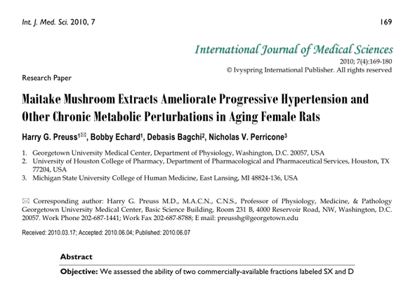 Maitake mushroom extracts ameliorate progressive hypertension and other chronic metabolic perturbations in aging female rats