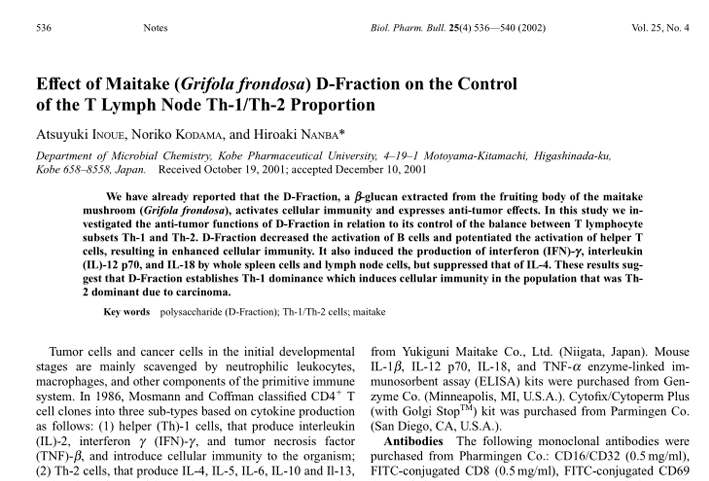 Effect of maitake (Grifola frondosa) D-fraction on the control of the T lymph node Th-1/Th-2 proportion