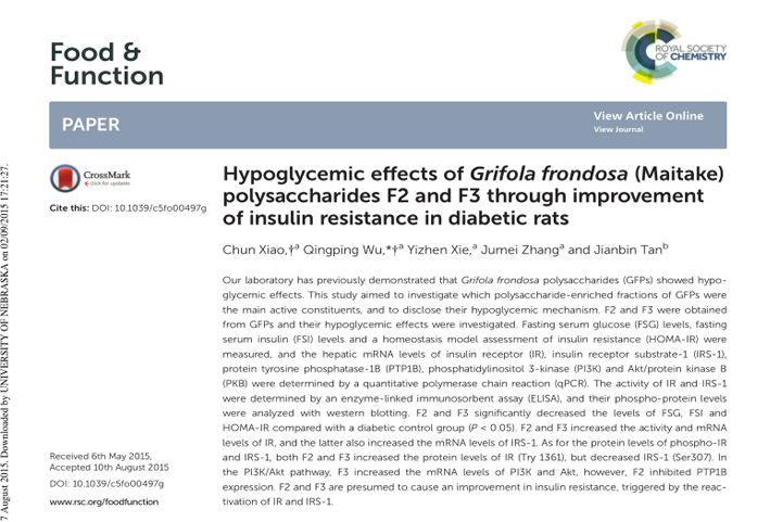 Hypoglycemic effects of Grifola frondosa (Maitake) polysaccharides F2 and F3 through improvement of 