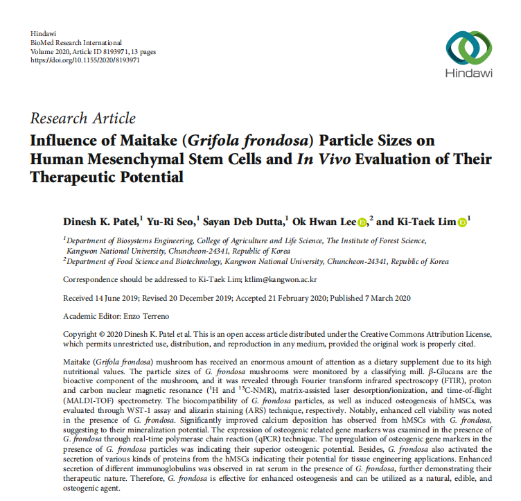 Influence of Maitake ( Grifola frondosa) Particle Sizes on Human Mesenchymal Stem Cells and In Vivo 