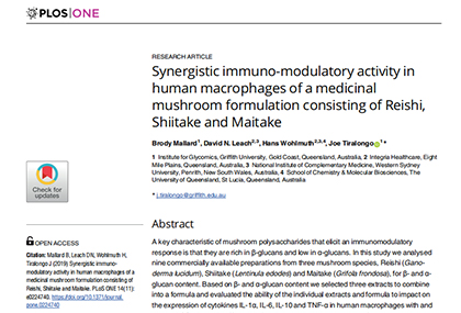 Synergistic immuno-modulatory activity in human macrophages of a medicinal mushroom formulation cons